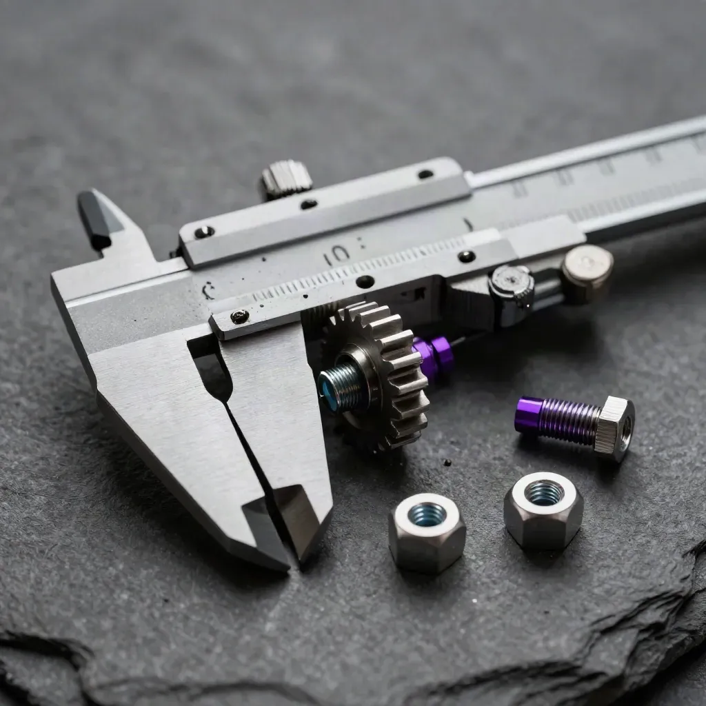 Macro of calipers, a gear, and hex fasteners on dark stone with a purple accent.
