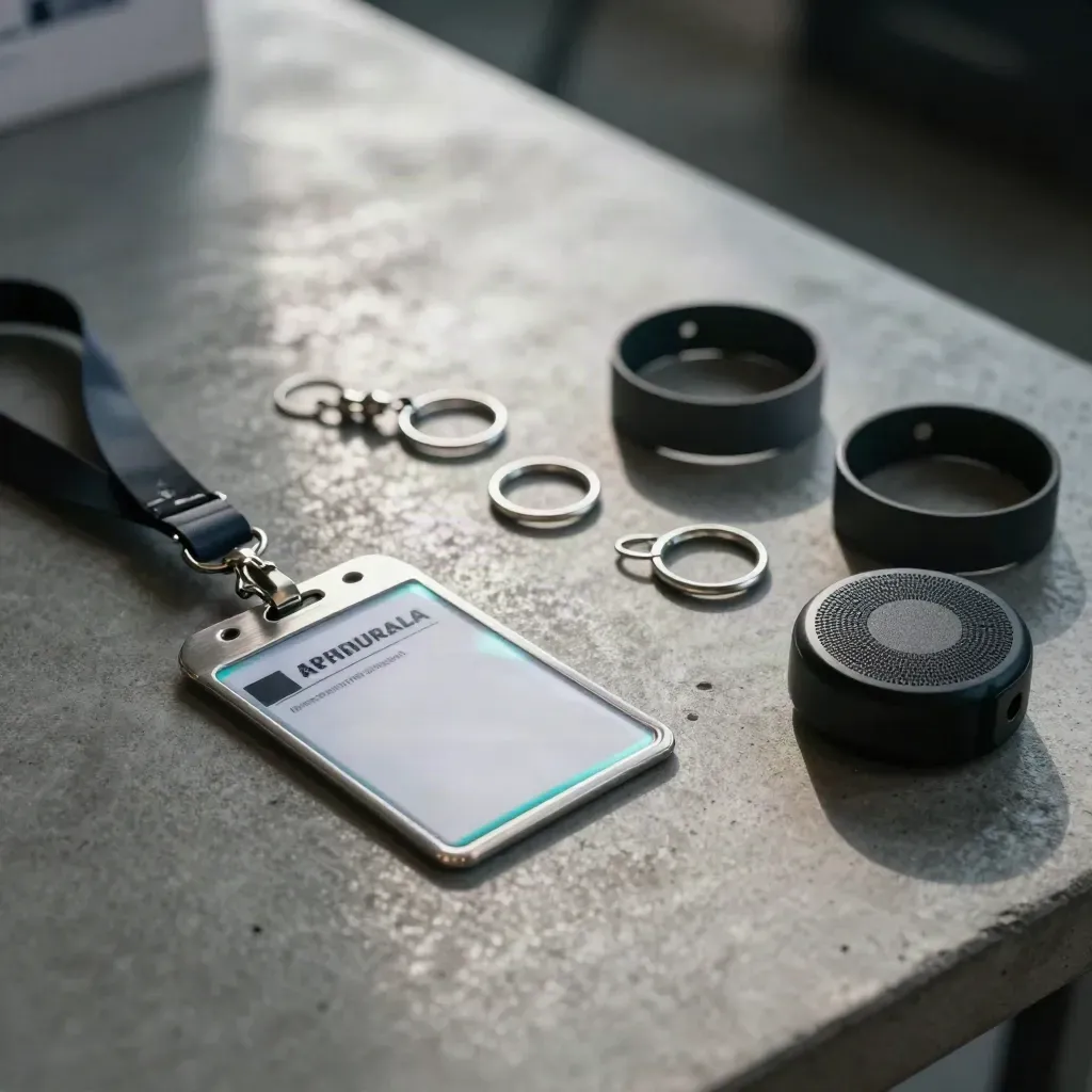 Conference badges, lanyard rings, wristbands, and a speaker puck on brushed concrete, overhead.