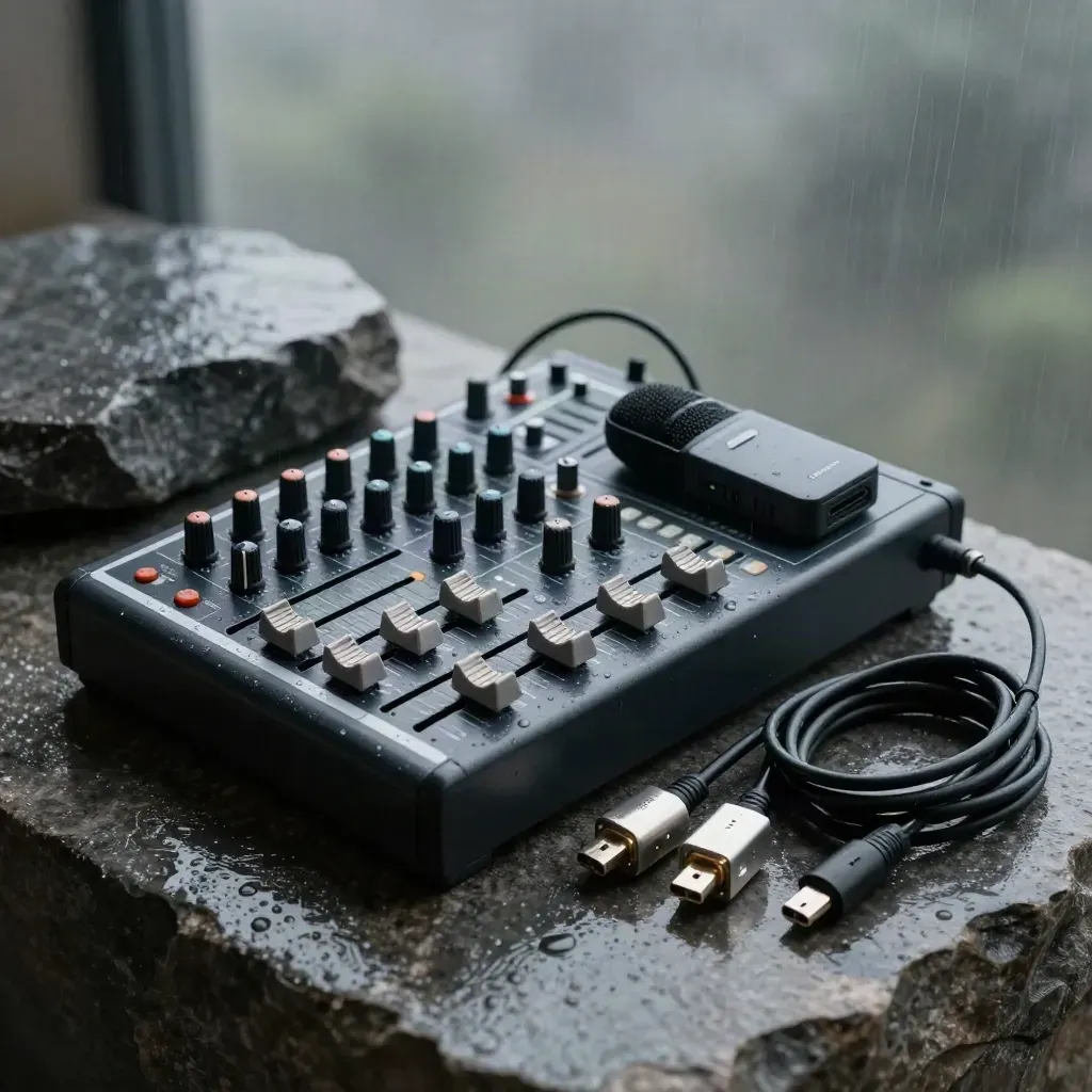 Rain-dappled live-broadcast gear on dark stone under soft studio light.