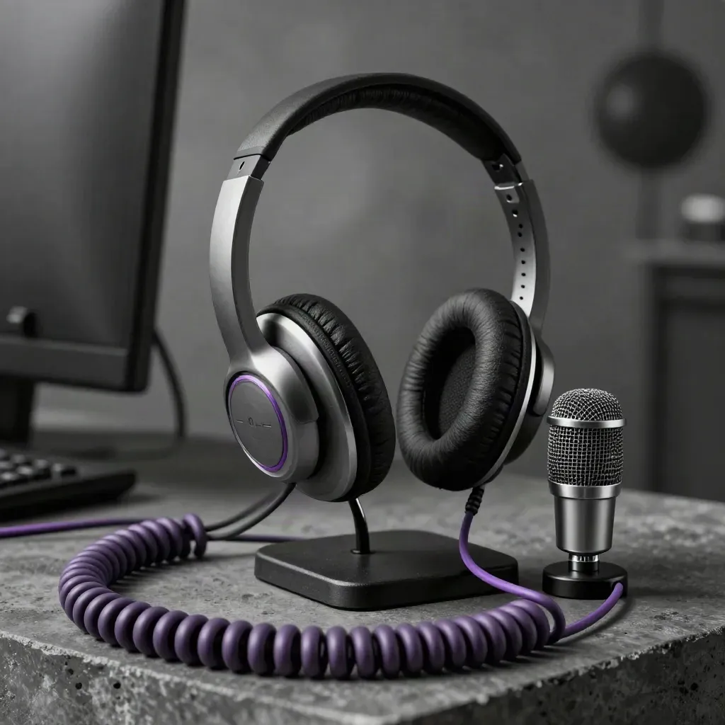 Headset, talkback mic, and coiled cable on dark concrete with dramatic studio light