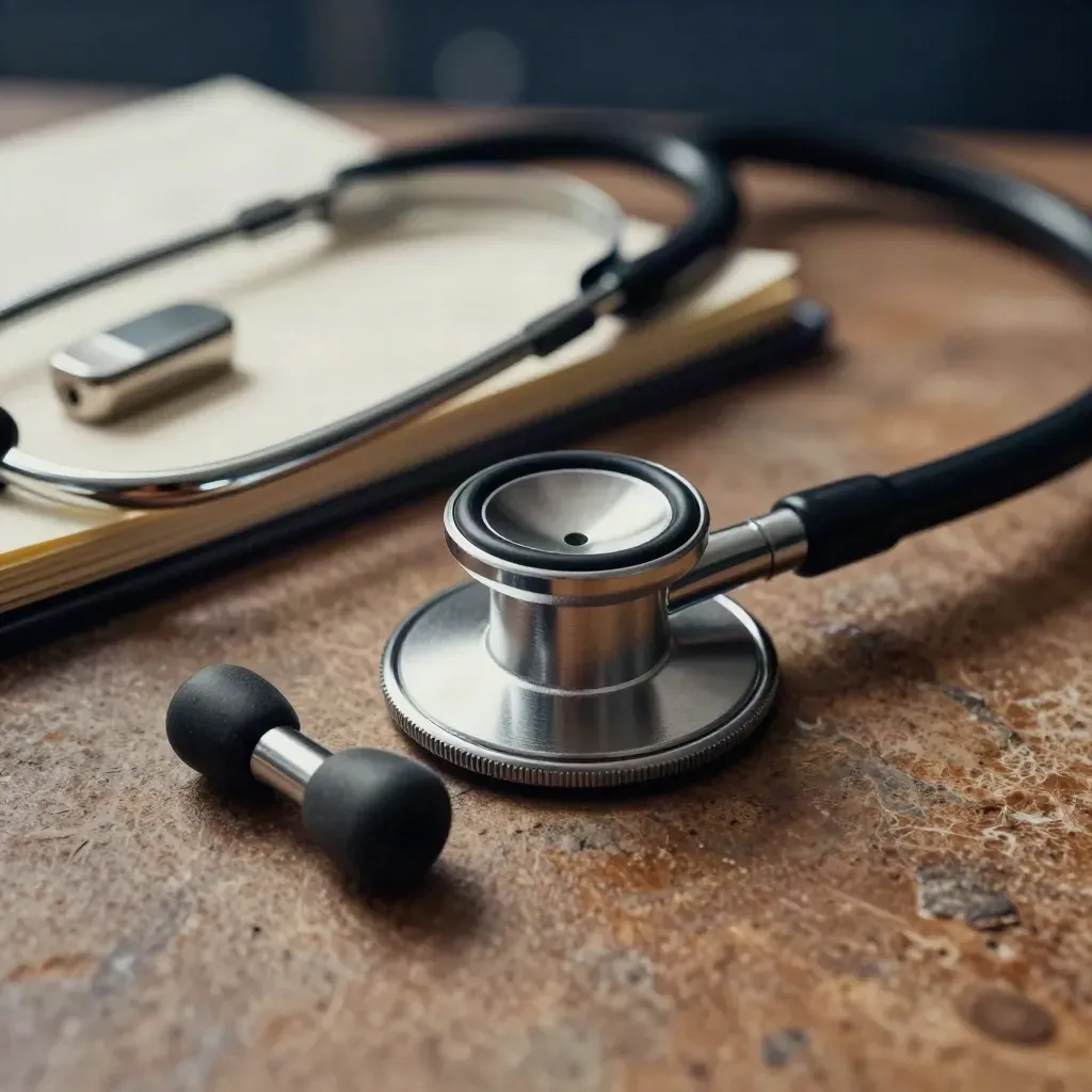 Macro still life of a stethoscope, consultation notepad and pill organizer on warm stone.