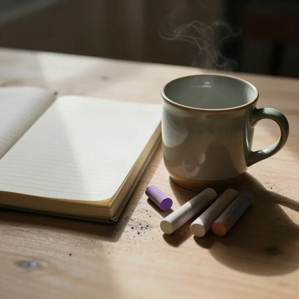 Glazed mug, closed lesson planner, and chalk stubs on pale wood with dust in dramatic light