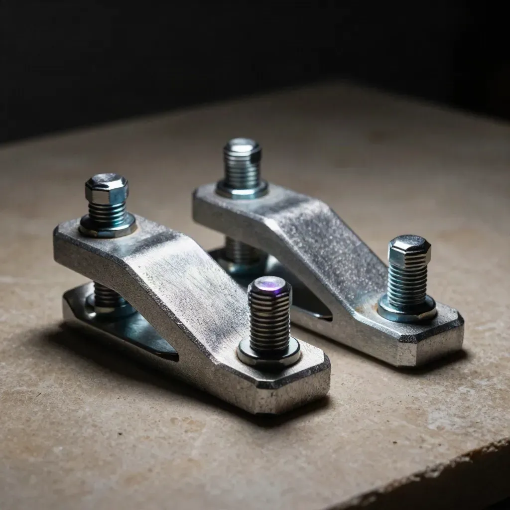 Aluminum brackets, bolts, and a metal shim on stone in dramatic studio light