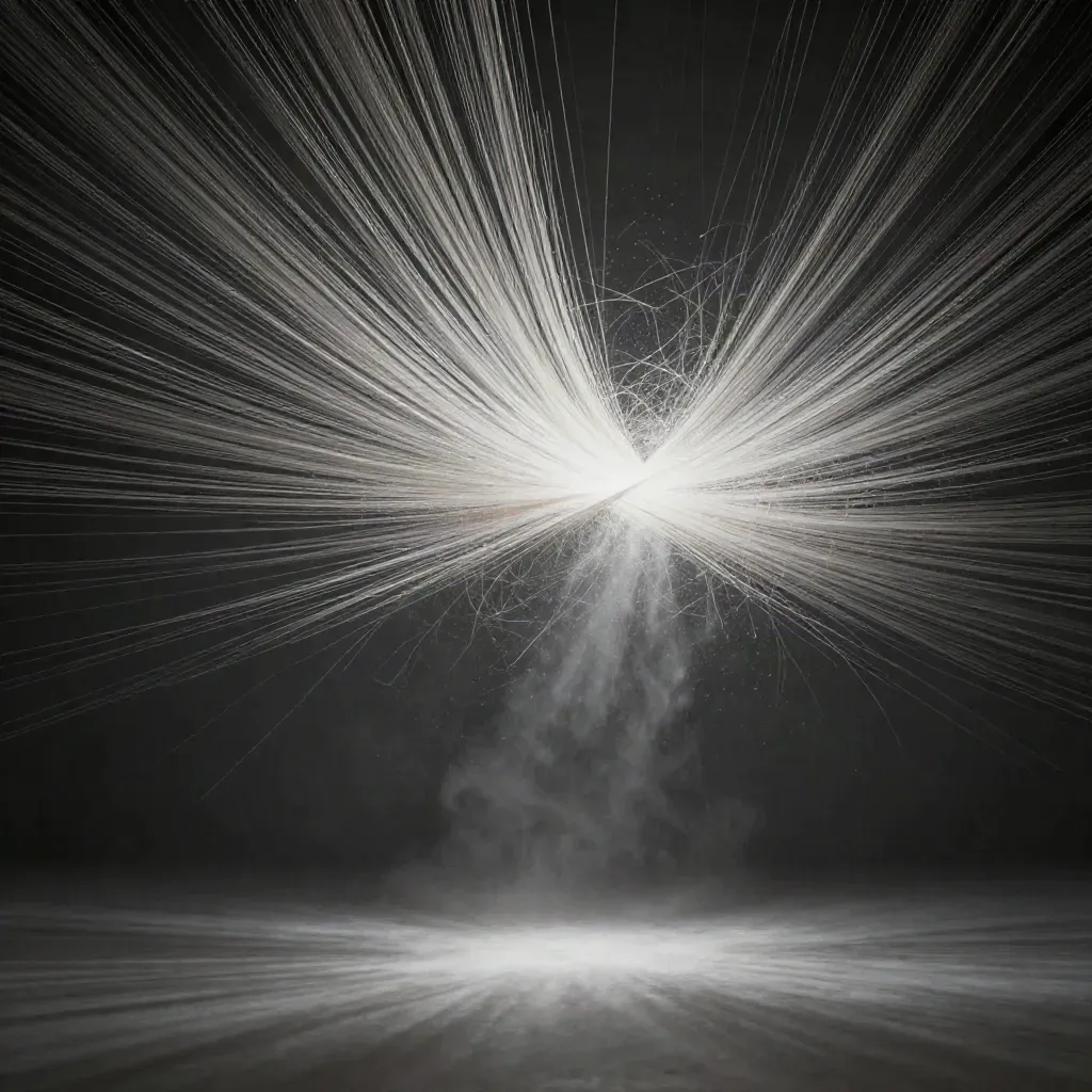 Abstract silver light filaments converge into a soft white bloom in dark mist.
